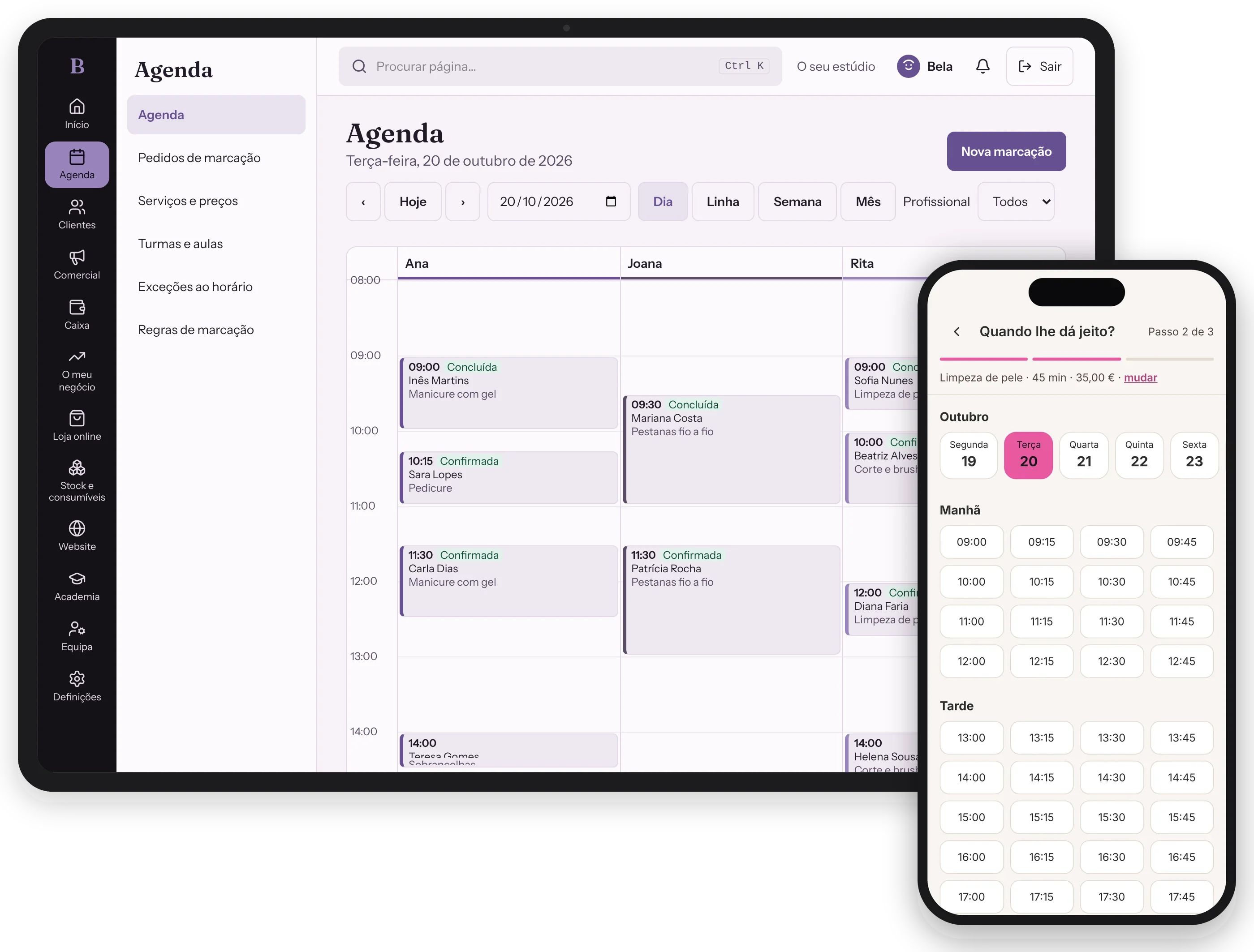 A agenda do Belessa num tablet, com o dia de três profissionais, e à frente o site de uma clínica num telemóvel, no passo de escolher a hora.